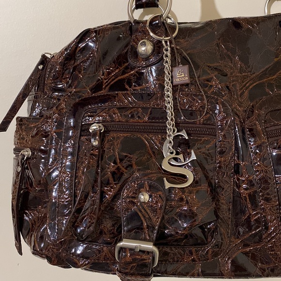 Chenson Brown Leather Patent Faux Croc Pattern Double Zipper Handbag - Picture 4 of 16